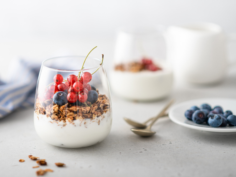 Breakfast granola yogurt with berries and blueberries