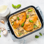 Chicken breasts with mushrooms in casserole dish