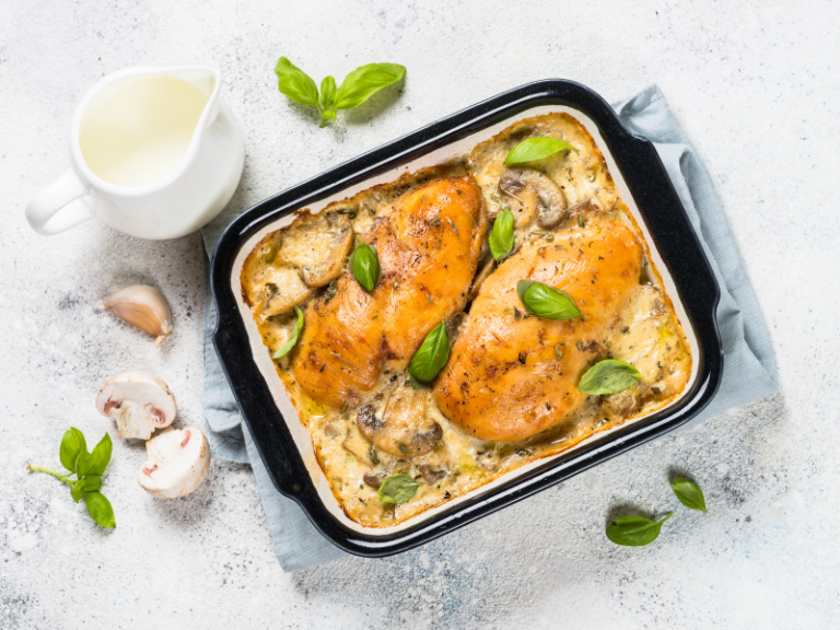 Chicken breasts with mushrooms in casserole dish