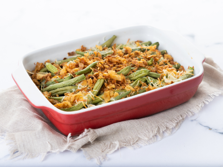Classic green bean casserole topped with French Fried Onions