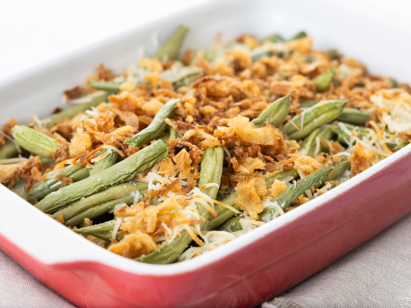Classic green bean casserole topped with French Fried Onions and cream of mushroom