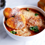 Lasagna Soup with Italian sausage, cheese, heart shaped toast