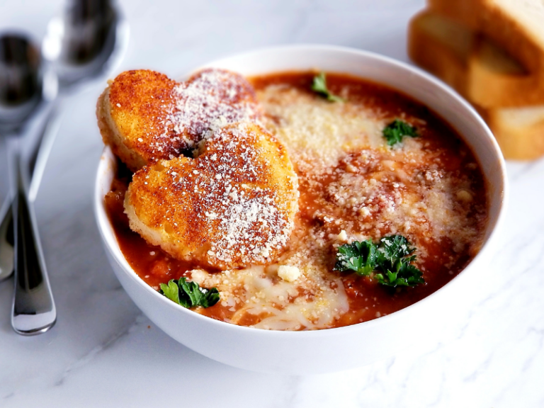 Lasagna Soup with Italian sausage, cheese, heart shaped toast