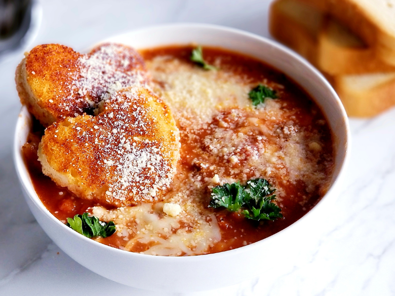 Lasagna Soup with Italian sausage, cheese, toast