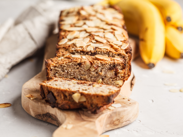 Homemade vegan banana bread with almonds and chocolate