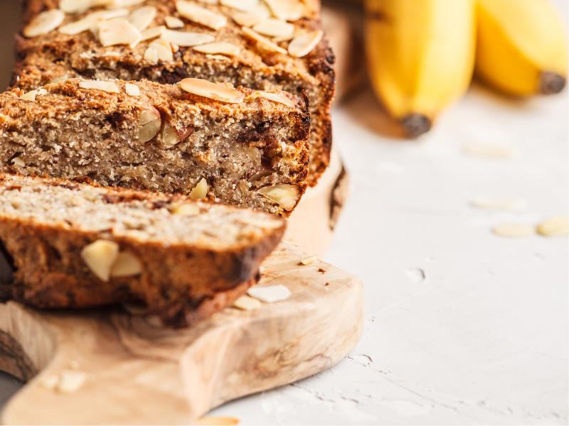 Homemade vegan banana bread with almonds and chocolate chips
