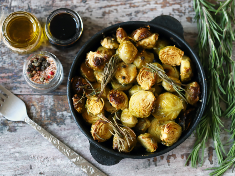 Roasted Brussels sprouts in cast iron skillet