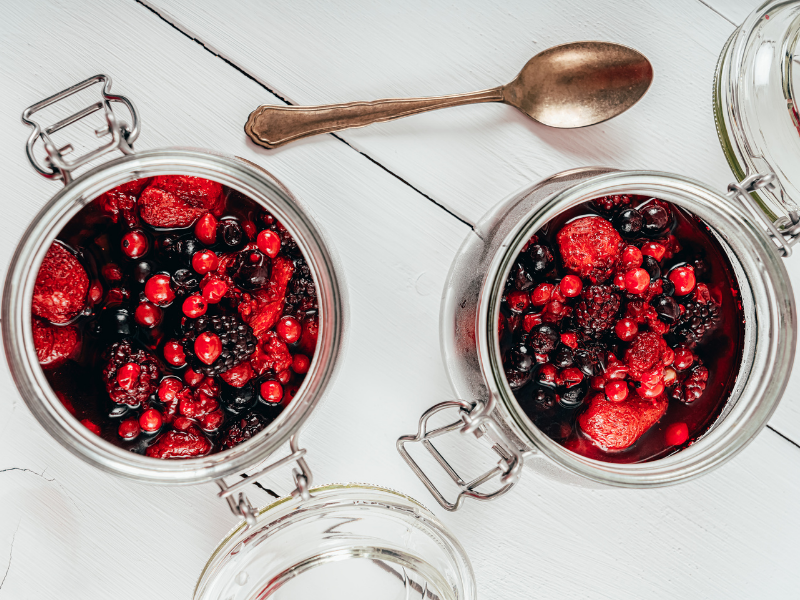 Mixed berry compote with strawberries, blueberries, cranberries, raspberries, and blackberries