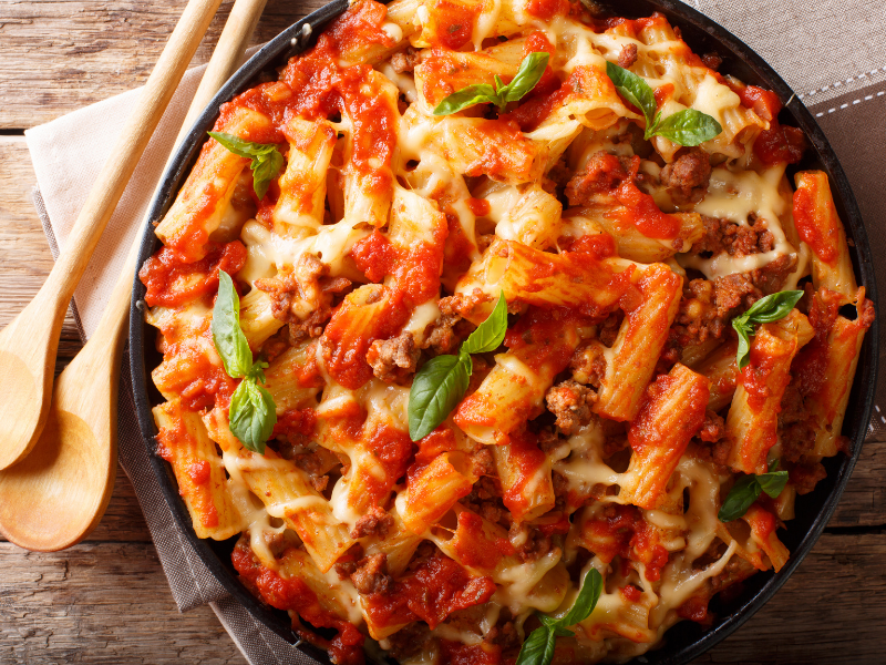 Ziti pasta with bolognese sauce, ziti and meat sauce